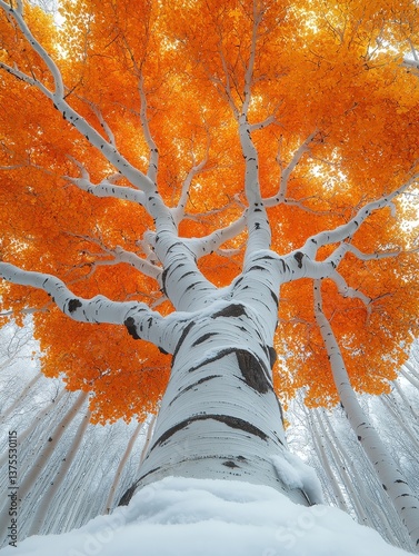 Golden aspen ablaze against a snowy landscape. Sunlight filters through vibrant orange leaves, creating a breathtaking autumn scene