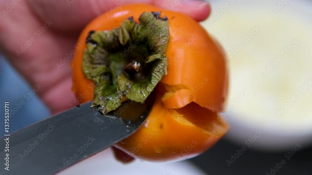Texture of orange fruit. Juicy fresh sweet persimmon. Source of antioxidants and vitamins. High quality 4k footage