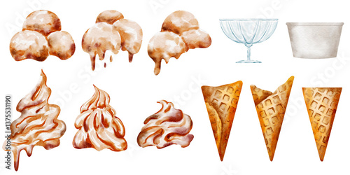 Obraz na plátně Watercolor ice cream constructor set with chocolate caramel and crème brûlée scoops in a cute isolated illustration