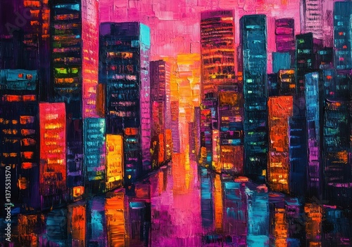 Vibrant Abstract Urban Skyscrapers Cityscape Painting with Neon Colors and Strong Brushstrokes