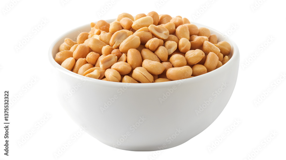 A white bowl filled with roasted peanuts displayed on a white background in a close up studio shot A white bowl filled with roasted peanuts displayed on a white background in a close up studio shot