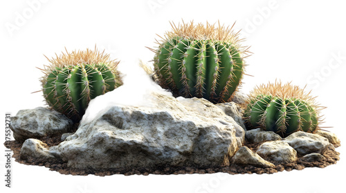 A close up view of three green cacti sitting on top of a pile of gray rocks and dirt