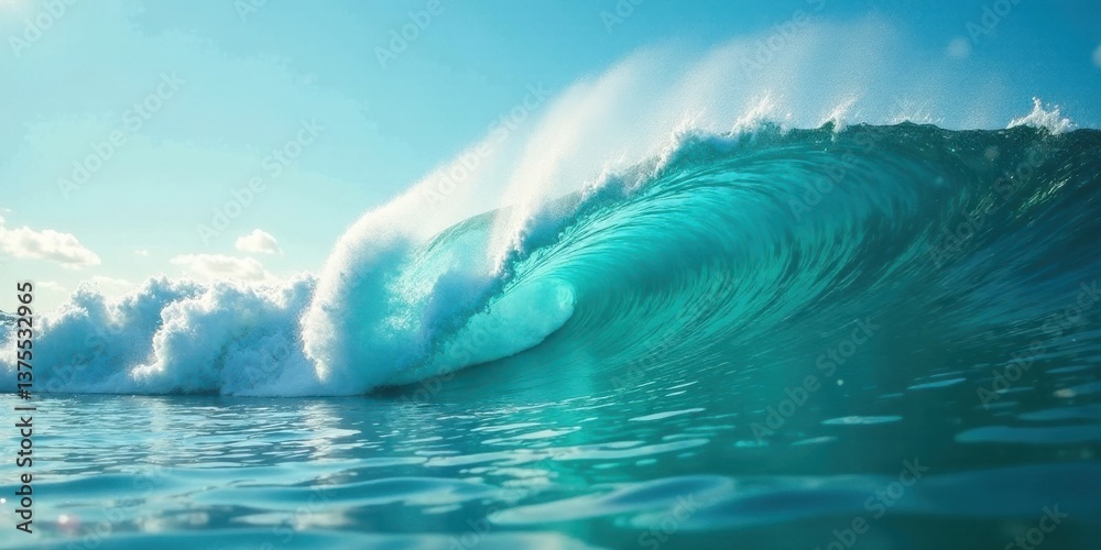 Naklejka premium A Majestic Ocean Wave Curls and Breaks, Displaying Vibrant Turquoise Hues Under a Clear Sky