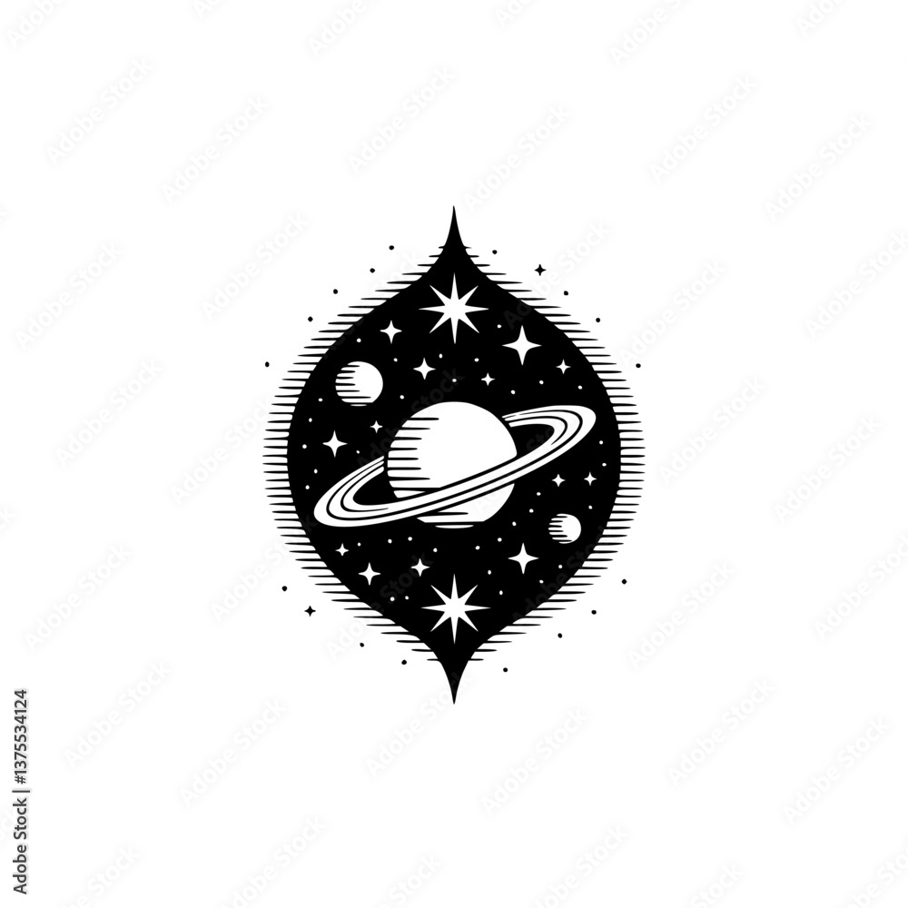 Obraz premium Intricate Space Emblem: Saturn and Stars in Black and White