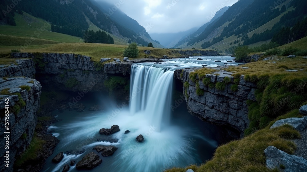 Fototapeta premium High-quality night photo of Trummelbach Falls in Switzerland, Europe, with cloudy skies, shot from an elevated perspective for a breathtaking view of the falls.