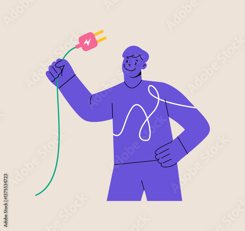 Man holding wire with plug from electrical equipment. Electricity saving concept. Colorful vector illustration