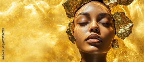 Elegant African American woman with closed eyes wearing golden crown against shimmering gold background Concept of beauty, luxury, and inner peace © Fernando