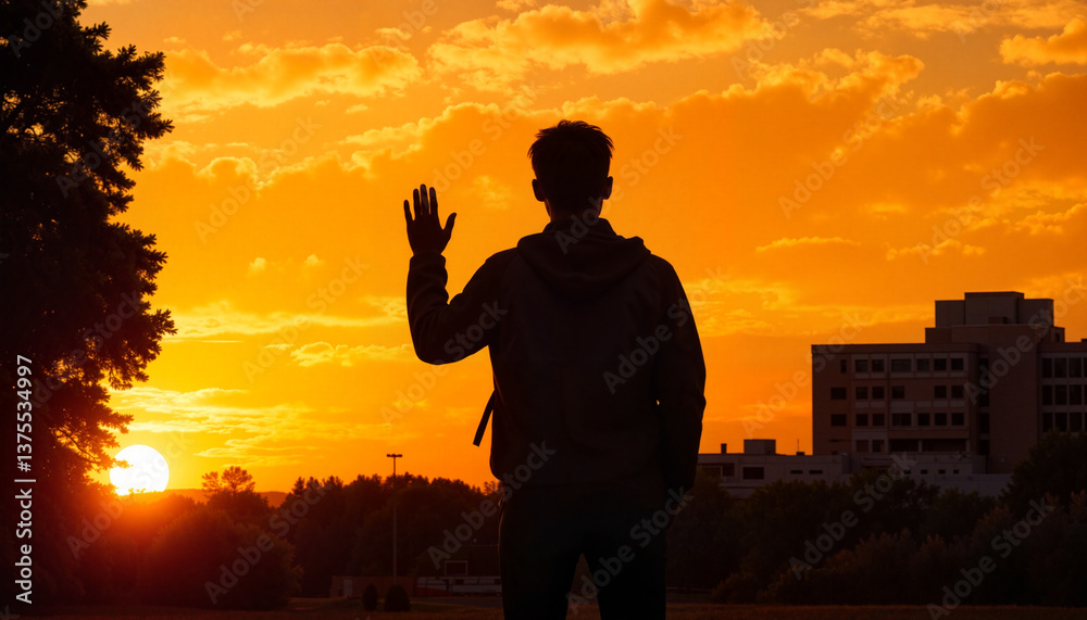 Fototapeta premium Silhouette of a young man waving goodbye at sunset with vibrant orange and yellow sky
