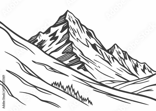 black-and-white line drawing features a rugged mountain landscape with jagged peaks and sloping hills, accented by a cluster of pine trees.