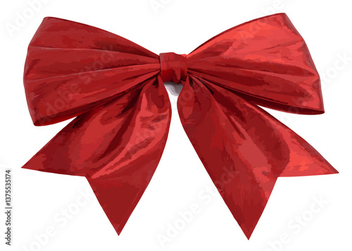 glossy red bow with symmetrical loops and long, pointed tails, exuding a festive, satin-like shine.