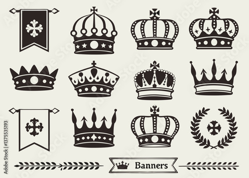 a diverse array of royal crown designs, perfect for heraldry, regal decor, luxury branding, and historical artwork.