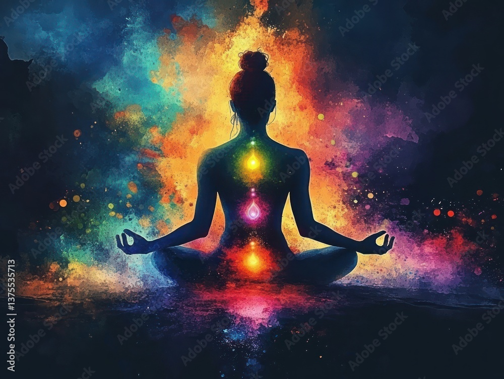 Meditation and Chakras Silhouette with Glowing Energy in Abstract Watercolor Style Meditation and Chakras Silhouette with Glowing Energy in Abstract Watercolor Style