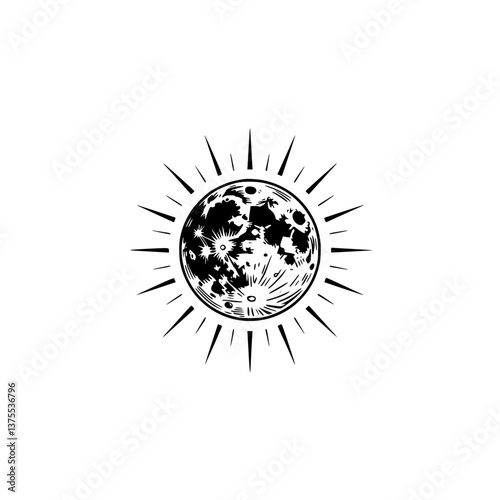Engraved Moon with Sunburst: Vintage Black and White Celestial Illustration