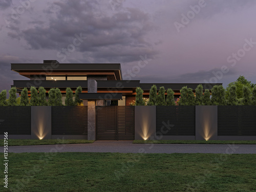 Modern house with flat roof and panoramic windows. Exterior. Evening illumination of the facade. House with swimming pool and large terrace. Modern architecture