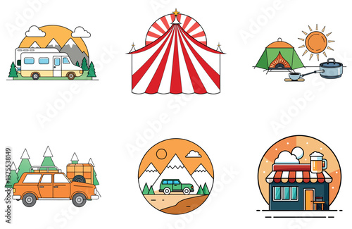 Camping Bundle. Vibrant Circus Tent Illumination Collection Icons