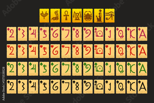 Egyptian Full deck of playing cards. Set with isolated cards for Poker or Solitaire game UI. Each card on a separate layer. Seven suits playing card