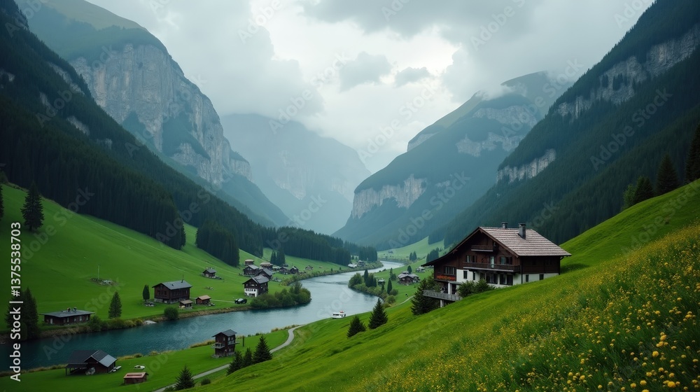Fototapeta premium A high-quality professional photo of Val Roseg, Switzerland, Europe, taken mid-day in rainy conditions from an ordinary perspective, showcasing detailed landscapes and moody weather.