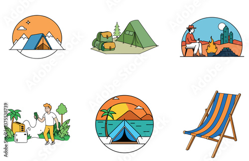 Camping Bundle. Native American Teepee View Collection Icons