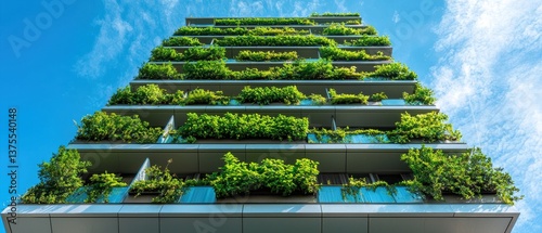 Obraz na płótnie Modern building facade showcasing green plantcovered balconies under a vivid blue sky w salonie