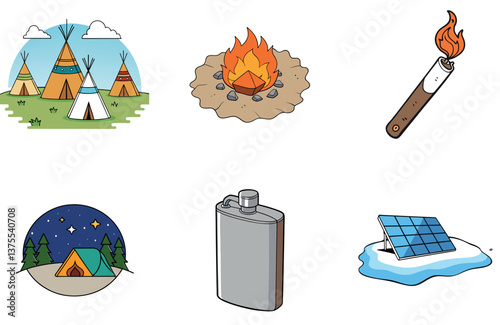 Camping Bundle. Off-Road Mountain Adventure Collection Icons