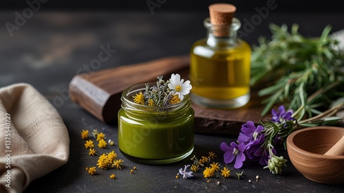 Natural skincare with herbs, oils, and flowers symbolizes purity and wellness.