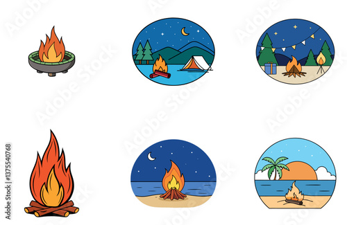 Camping Bundle. Portable Gas Stove Cooking Collection Icons