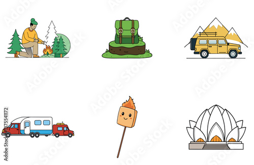 Camping Bundle. Brown Retriever Puppy Tent Collection Icons