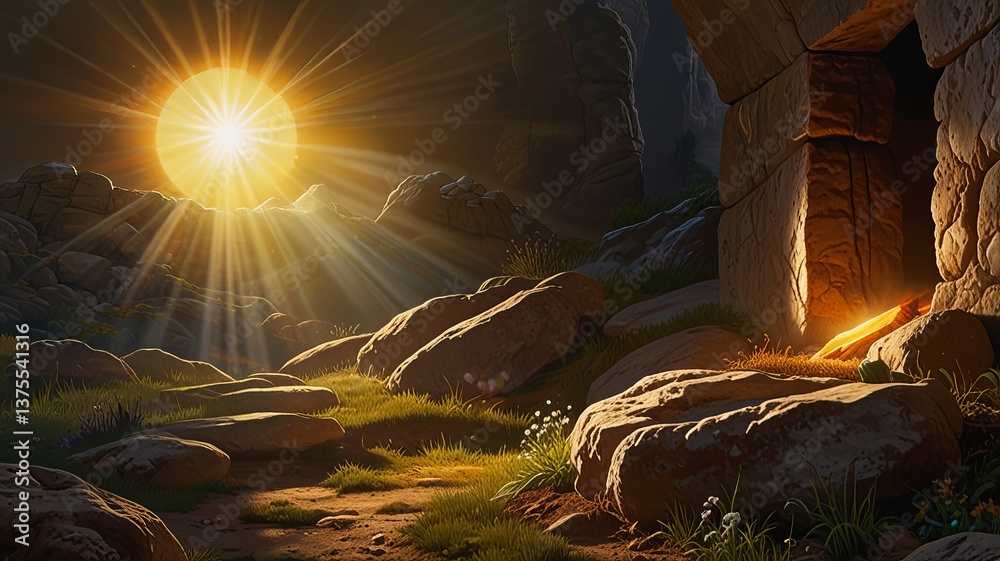 Φωτογραφία Oil painting illustration of resurrection of Jesus Christ with empty tomb sunbeams