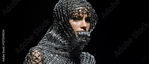 A powerful runway fashion image featuring a model in a futuristic silver chainmail outfit, her face obscured by a hooded mesh cape that adds an air of enigma