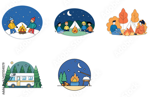Camping Bundle. Ladakh Pangong Lake Road Collection Icons