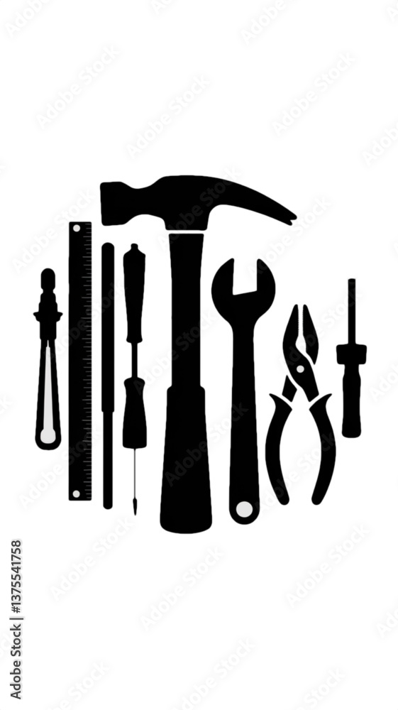 Set of handyman tools in black silhouette style for construction and repair concepts Set of handyman tools in black silhouette style for construction and repair concepts
