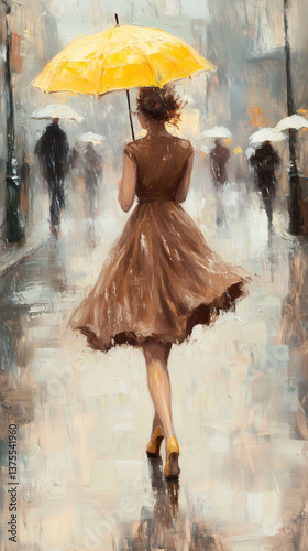 A soft, dreamy oil painting capturing a woman in motion, walking through a rainy street