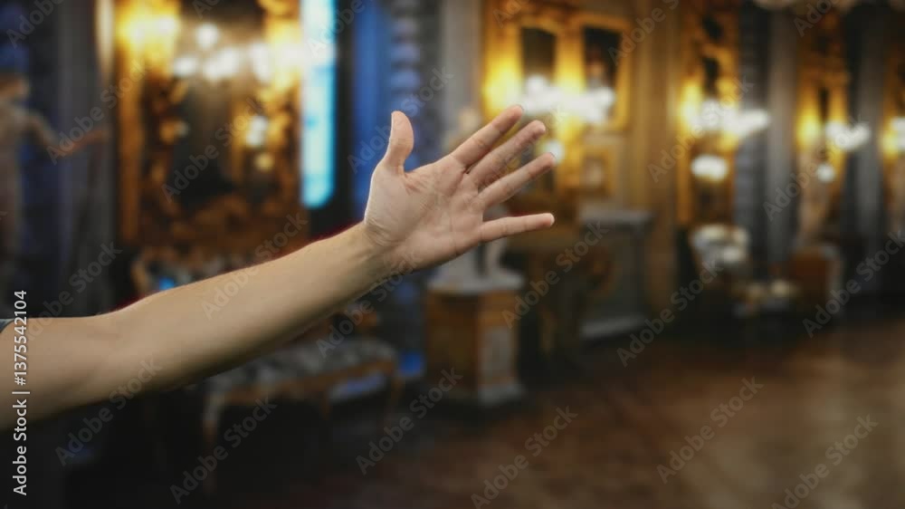Hand of man indoors at museum room depicting thumb up sign and counting from one to five with fingers in a sequence against an ornate background, showcasing gesture in a classy setting. Hand of man indoors at museum room depicting thumb up sign and counting from one to five with fingers in a sequence against an ornate background, showcasing gesture in a classy setting.