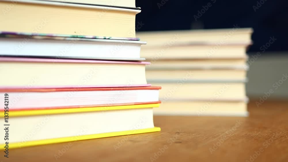 A collection of colorful books stacked neatly on a wooden table, evoking a sense of warmth and inviting readers to explore the stories within them. A collection of colorful books stacked neatly on a wooden table, evoking a sense of warmth and inviting readers to explore the stories within them.
