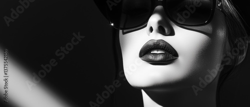 A sophisticated black and white portrait of a fashionable woman, where the focus is on her lips and the elegant interplay of shadows