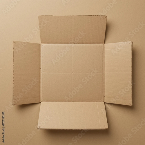 A realistic unfolded cardboard box template, laid flat to show its cut and fold lines. The design is simple with a neutral brown kraft paper texture