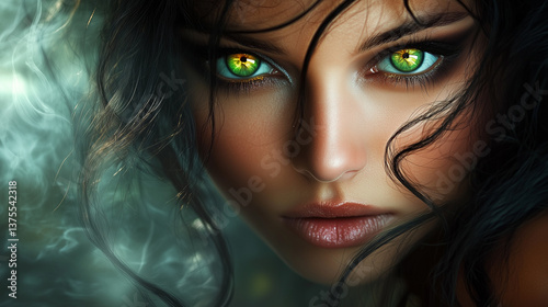 A spellbinding close-up of a woman with otherworldly green eyes, their irises shimmering with hints of gold
