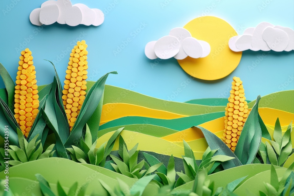 Colorful paper landscape showcasing yellow corn cobs in spring hills