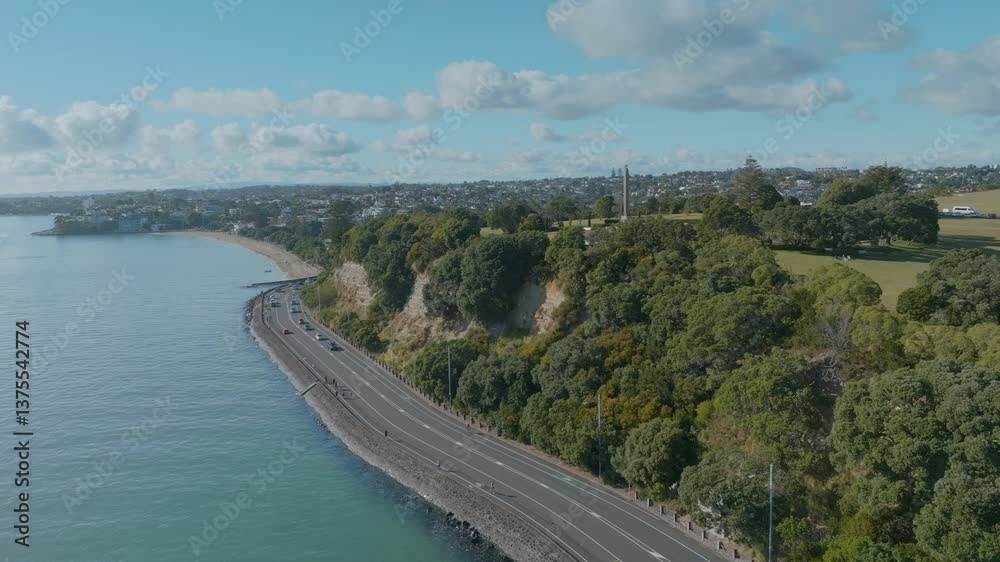 Aerial view of Michael Joseph Savage Memorial. People visit the park to reflect and enjoy the views of the city skyline and harbour. BASTION POINT, AUCKLAND, NZ Aerial view of Michael Joseph Savage Memorial. People visit the park to reflect and enjoy the views of the city skyline and harbour. BASTION POINT, AUCKLAND, NZ