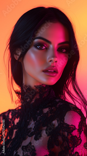 A striking fashion editorial close-up of a beautiful dark-haired woman in a delicate black lace dress, bathed in a dramatic fusion of pink and orange lighting