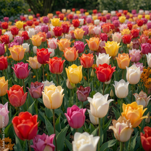A high-resolution image of a beautiful garden filled with colorful tulips in full bloom. The tulips come in shades of red, yellow, pink, purple, and white