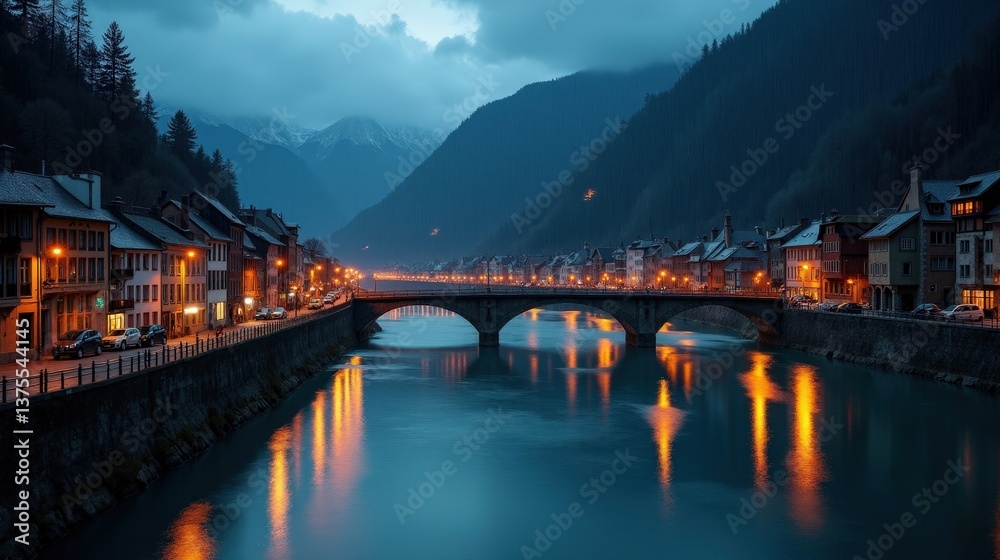 Fototapeta premium A high-quality night photo of Rhine Gorge (Ruinaulta) in Switzerland, Europe, during rainy conditions, shot from a regular perspective, capturing the moody atmosphere.