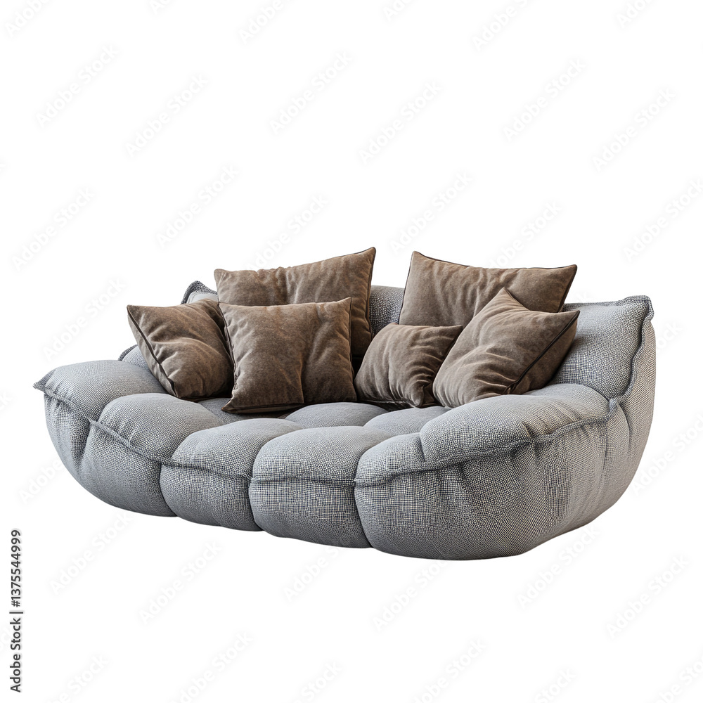 Naklejka premium A plush, inviting sofa, perfect for relaxation, boasting a comfortable, quilted design and a soft, textured fabric, accented with plush brown pillows against a clean white background.