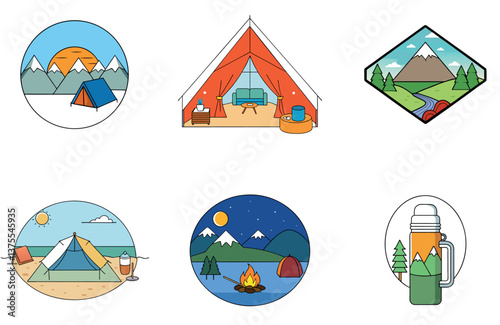 Camping Bundle. Red and Gold Circus Tent Collection Icons