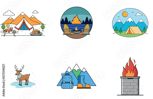 Camping Bundle. Magical Forest Campfire Collection Icons
