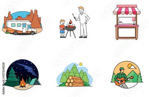 Camping Bundle. Pile of Camping Equipment Collection Icons