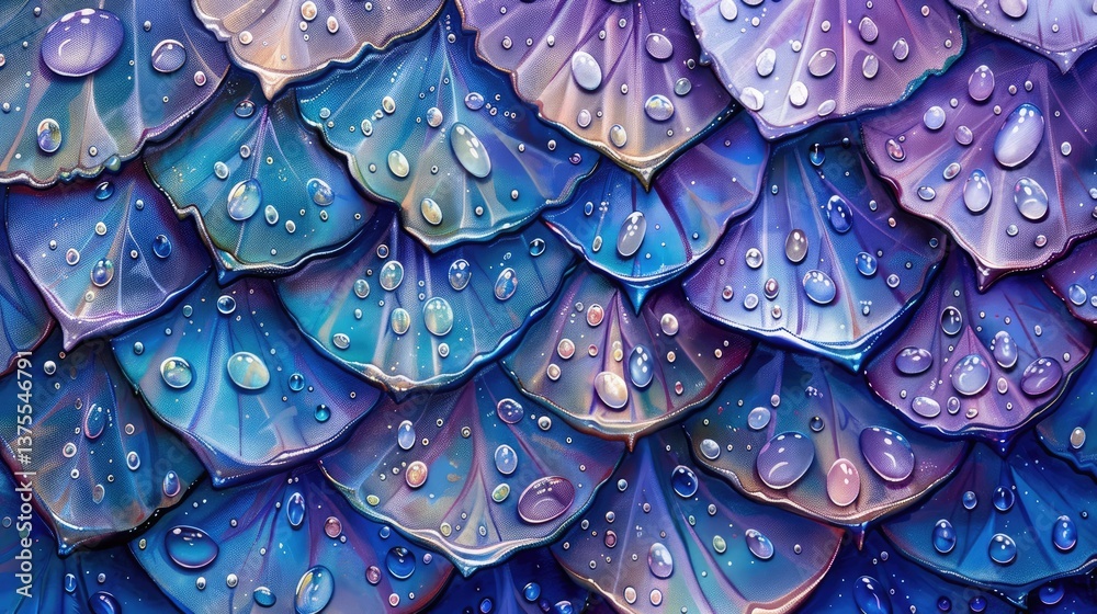Obraz premium Colorful close-up of shimmering water droplets on layered leaves, showcasing vibrant hues and textures
