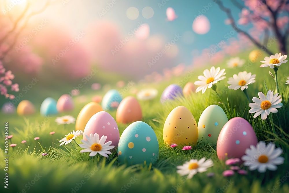Pastel Easter eggs nestled in a vibrant spring meadow, bathed in warm sunlight and surrounded by cheerful daisies. Pastel Easter eggs nestled in a vibrant spring meadow, bathed in warm sunlight and surrounded by cheerful daisies.