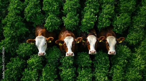 Lush vegetable crops interspersed with cattle. Farm animals graze green fields.