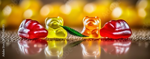 Mixed color cannabis gummy bears vivid and with a marijuana leaf selective focus on the candies colors. Colorful marijuana sweets.
